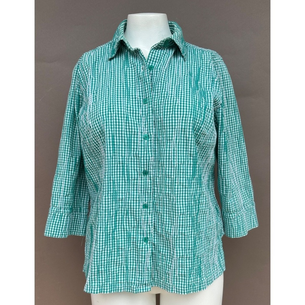 Appleseed's Petite L Green Gingham Button Front 3/4 Sleeve Shirt Top Cottagecore